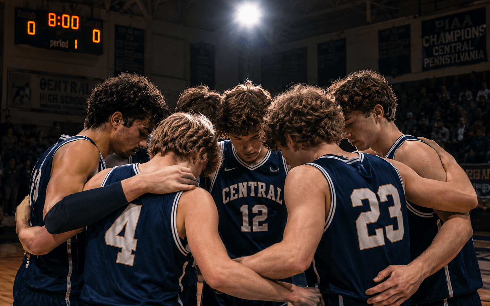 Mountie Basketball team huddle